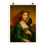 Femme sorcière en tenue médiévale verte avec couronne d'épines, un corbeau noir sur l'épaule; style renaissance détaillé.