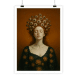 Portrait surréaliste d'une femme aux yeux fermés, robe verte à roses dorées, couronne d'yeux, tons bruns et dorés.