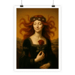 Femme rousse en couronne épineuse, tenant rose rouge, style classique. Rouge orangé et vert dominent. Ambiance mystique.