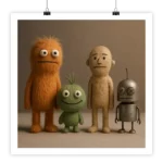 Quatre marionnettes en feutre : orange, verte, beige et un robot gris, sur fond neutre. Style mignon et coloré.