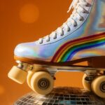 Patin à roulettes vintage blanc avec motif arc-en-ciel coloré, roulettes beiges, style rétro années 70-80, fond orange