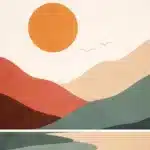 Paysage minimaliste avec un grand soleil orange sur des collines ondulées rouges, beiges et vertes. Fond beige.