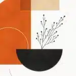Vase noir semi-circulaire avec branche à baies sur fond géométrique orange, beige et blanc, style minimaliste moderne.