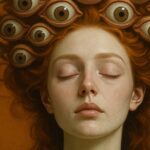 Femme rousse yeux fermés, fond surréaliste yeux multiples, tons oranges/bruns. Style réaliste. Aula d'une sorcière.
