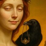 Femme rousse réaliste avec corbeau tenant un collier doré. Tons dorés et noirs, évoquant une ambiance mystique.