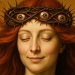 Femme rousse surréaliste, couronne d'épines ornée d'yeux, tons chauds brun et orange, style sorcière.