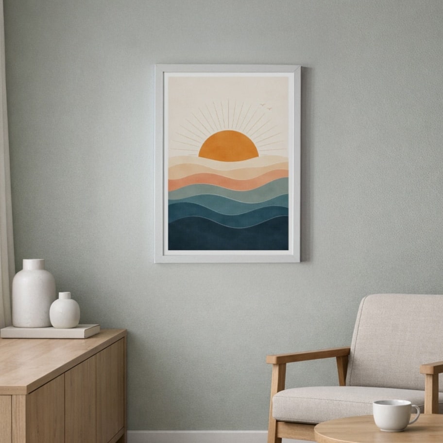 Affiche minimaliste montrant un coucher de soleil stylisé avec vagues bleues et orange, ambiance moderne et sereine.