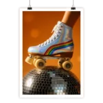 Patin à roulettes disco rétro holographique avec arc-en-ciel sur boule miroir, fond orange, style vintage pop coloré
