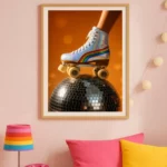 Affiche encadrée : patin à roulettes holographique sur boule disco avec arc-en-ciel, style rétro 70-80, fond orange