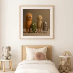 Poster avec quatre personnages fantaisistes colorés dans chambre d'enfant aux tons beiges et bois naturel.