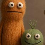 Deux peluches mignonnes : grande peluche orange et petite verte sur fond gris neutre. Couleurs vives et contrastées.