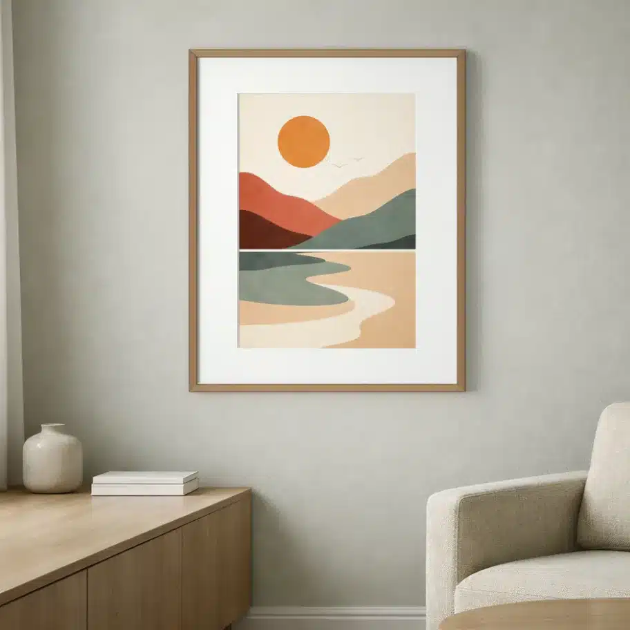 Illustration minimaliste paysage montagne, soleil orange, teintes terreuses rouge, orange, vert, style abstrait géométrique.