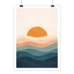 Coucher de soleil minimaliste avec vagues; teintes bleu, orange, beige et corail. Style épuré.
