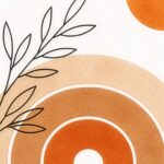 Illustration abstraite, feuilles noires, cercles bruns et orangés, style minimaliste, palette de couleurs chaudes.