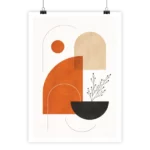 Illustration abstraite: demi-cercle orange, arc beige, cercle noir, lignes et silhouettes végétales, tons orange, beige, noir.