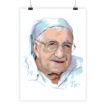 Portrait stylisé de Soeur Emmanuelle, âgée, lunettes, foulard. Couleurs bleu clair, beige, blanc. Style peinture numérique.