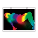 Silhouette féminine néon, dégradés arc-en-ciel vifs sur fond noir, style moderne et vibrant.