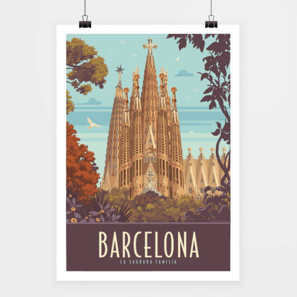 Affiche touristique avec l'illustration Barcelona Sagrada Família