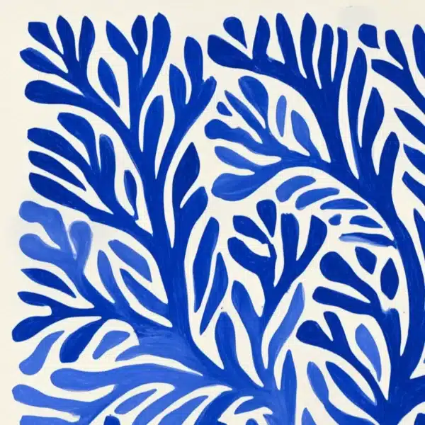 Des formes organiques bleues dans un style abstrait, évoquant des branches ou du corail, sur fond blanc.