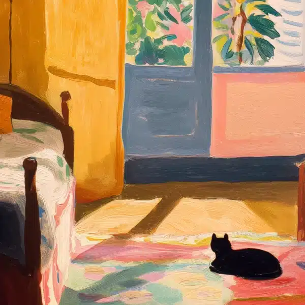 Chat noir étendu sur un tapis multicolore impressionniste dans une chambre. Dominance de jaune, bleu, rose.