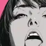 Portrait manga en noir et blanc, fond rose vif. Gros plan détaillant les traits du visage. Style graphique et contrasté.