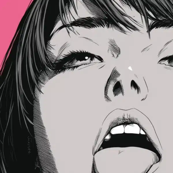 Portrait manga en noir et blanc, fond rose vif. Gros plan détaillant les traits du visage. Style graphique et contrasté.
