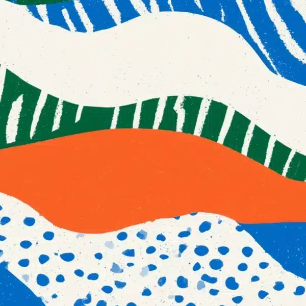 Motif abstrait: lignes ondulées bleues, orange, vertes, blanches. Style graphique. Harmonie de couleurs vives.