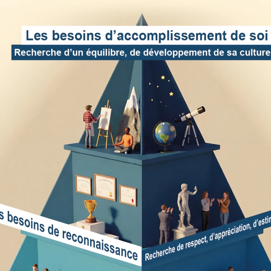Pyramide des besoins en bleu et beige, illustrant accomplissement de soi et reconnaissance avec globe, trophée, homme